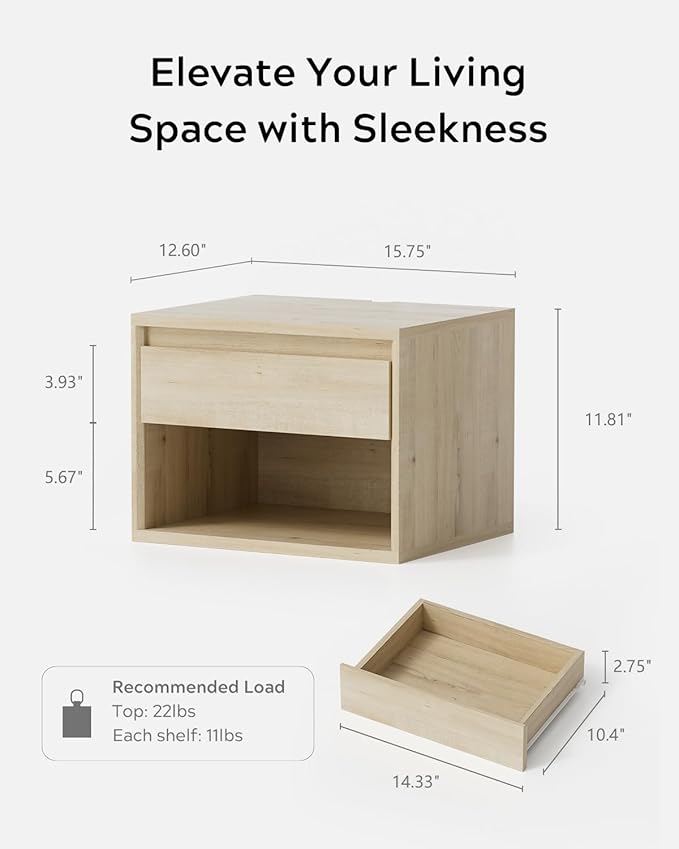 Floating Nightstand Set of 3, Wall Mounted Bedside Table with Storage Drawer and Open Shelf, Modern Night Stand withHandless Design for Living Room, Bedroom, Dorm, Light Oak