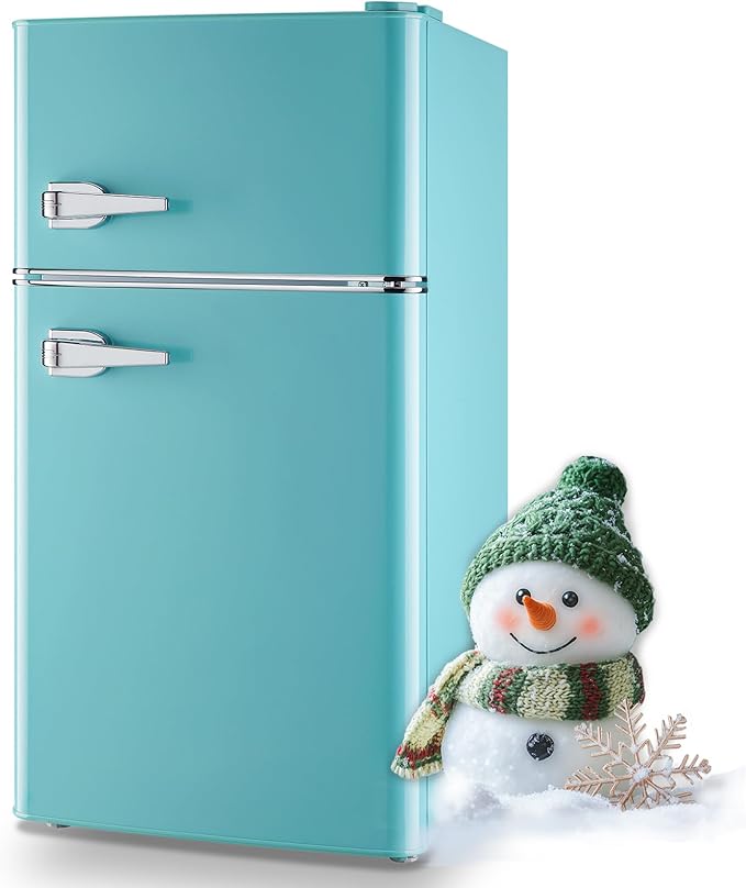 Small Refrigerator with Freezer Double Door Mini Fridge Adjustable Glass Shelves, Detachable Handle,7 Level Temperature Control Fridge for Dorm, Office, Apartment Blue