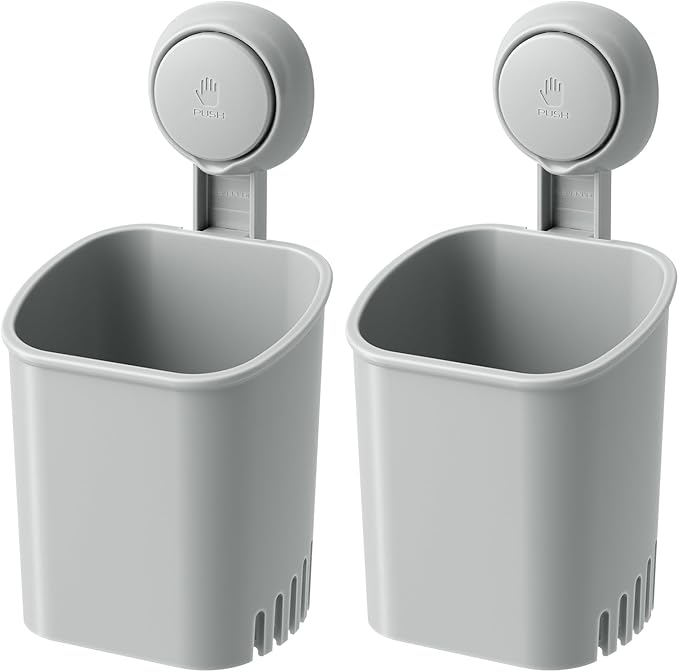 LEVERLOC Powerful Suction Toothbrush Holder 2 Pack, Removable Drill-Free Wall Shower Holder for Toothbrush, Toothpaste, Razor, Self-draining Suction Cup in Shower, Kitchen Tableware Organizer, Gray