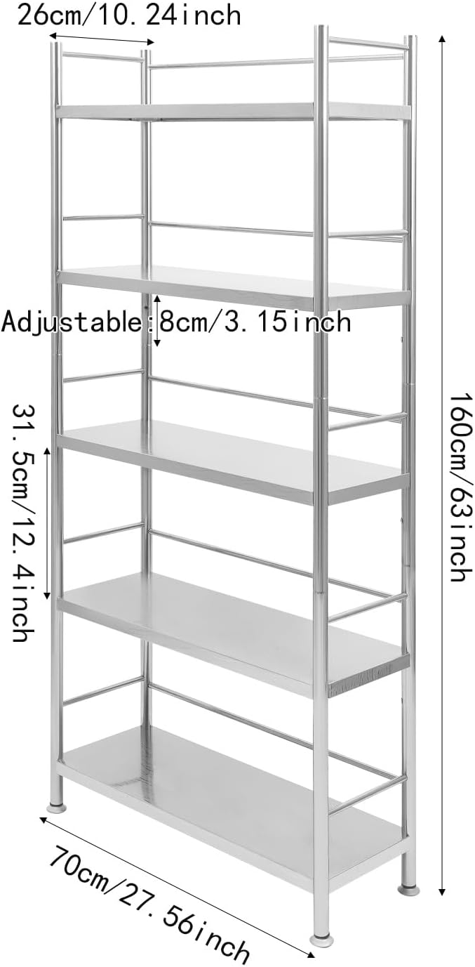 5-Tier Stainless Steel Shelf, Heavy Duty Storage Rack for Kitchen, Garage, Industrial Storage, Kitchen Shelves with Guardrails, Adjustable Height Metal Shelf