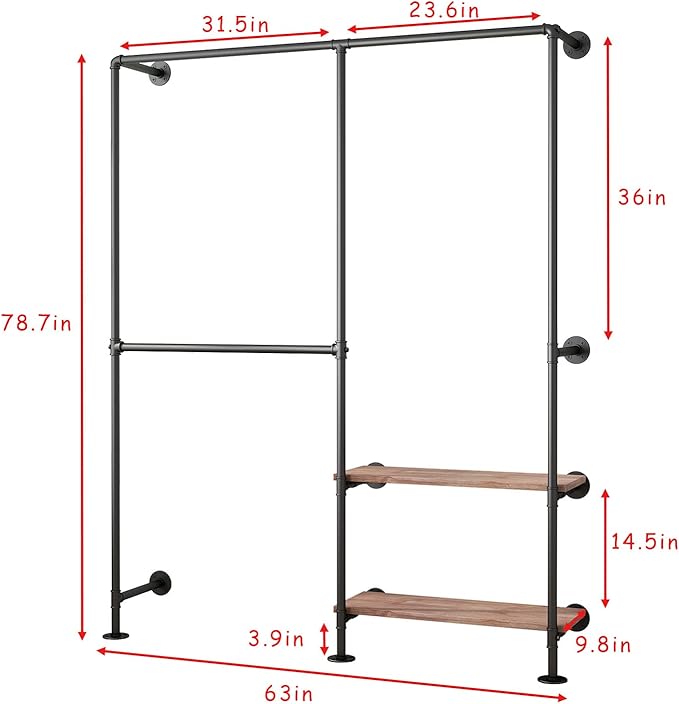 Industrial Pipe Clothes Racks with Black Shelves, Industrial Pipe Black Clothing Rack with Double Hanging Rods, Heavy Duty Wall Mounted Clothing Rack Rod for Closet Storage, Bedroom