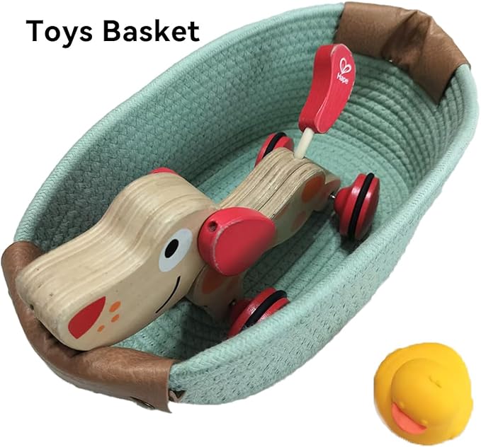 Small Cotton Woven Basket with PU Leather Handle, Baby Kids Clothes Toys Candy Gifts Cotton Rope Organizer, Living Room Basket Bathroom Shower Storage Laundry Basket, Dog Cat Bed, Cute Decor, Gray
