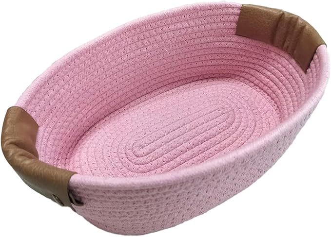 Medium Cotton Woven Basket with PU Leather Handle, Baby Clothes Toys Candy Gifts Cotton Rope Organizer, Living Room Basket Bathroom Shower Storage Laundry Basket, Dog Cat Bed, Cute Decor, Pink