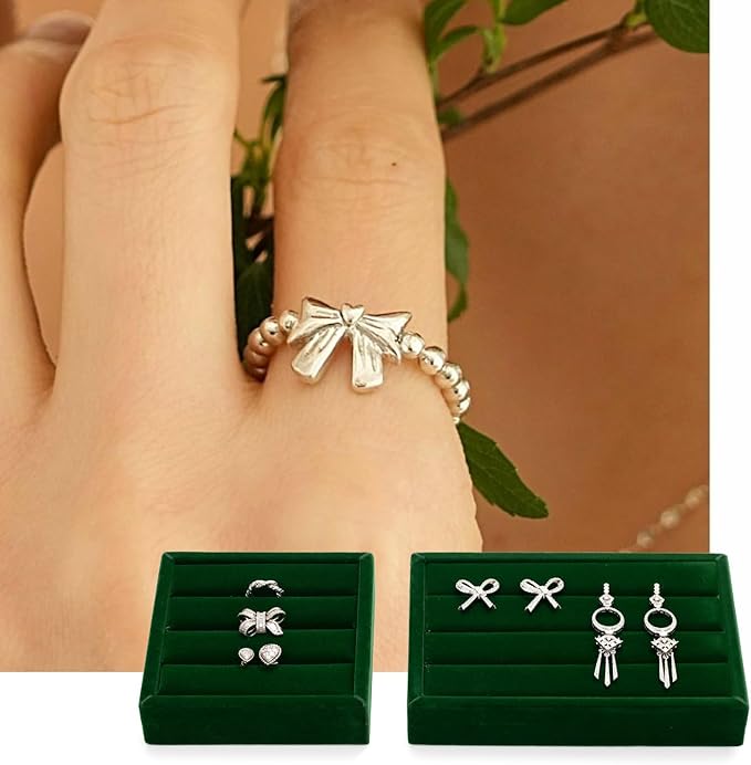 Oirlv 3 Slots Velvet Small Ring Organizer Earrings Trays Showcase Display Storage Insert Holder for Jewelry Box, Drawer, Dresser(Green,M)