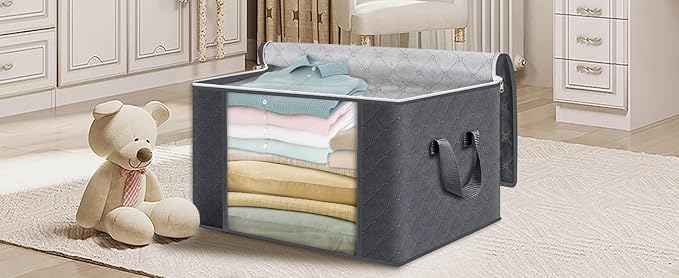 Large Clothes Storage Bags 8 Pack, Foldable Closet Organizers with Durable Breathable Fabric & Clear Window for Blankets, Comforters, Pillows, Bed Sheets, Toys & Seasonal Clothing (Gray)