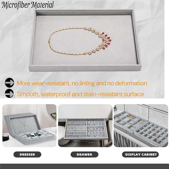 Microfiber Jewelry Tray Stackable Jewelry Organizer Drawer Trays For Necklace Bracelets Watch Perfume Storage Holder (Grey)