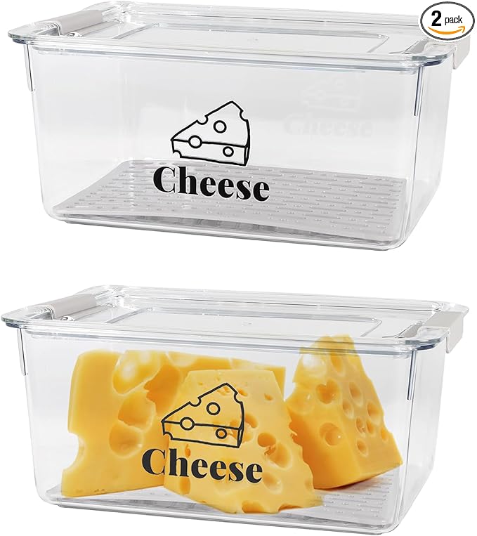 Cheese Holder Food Storage, Airtight Cheese Storage Box with Lid- Non Toxic, Lunch Meat Storage Sandwich Ham Cheeses Salami Sliced Turkey for Refrigerator to Keep Food Fresh,Clear-2Pack