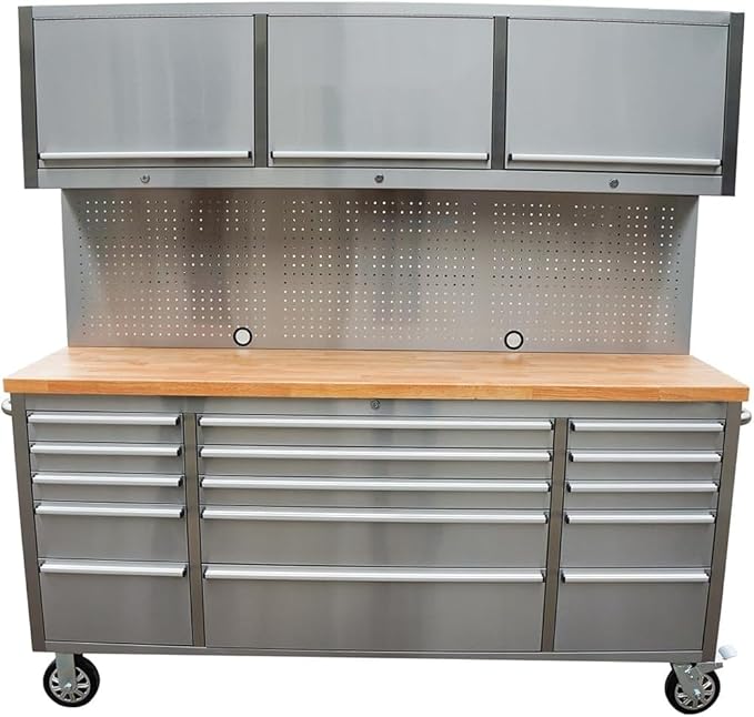 72 inch 11 Drawers Tool Chest with 3 Up Cabinet & Pegboard in Stainless Steel, Large Lockable Mobile Workbench with 6 Blue Storage Bins, Tool Box for Garage, Workshop (1 × HTC7214W1+ 1 × HTC7218W1)
