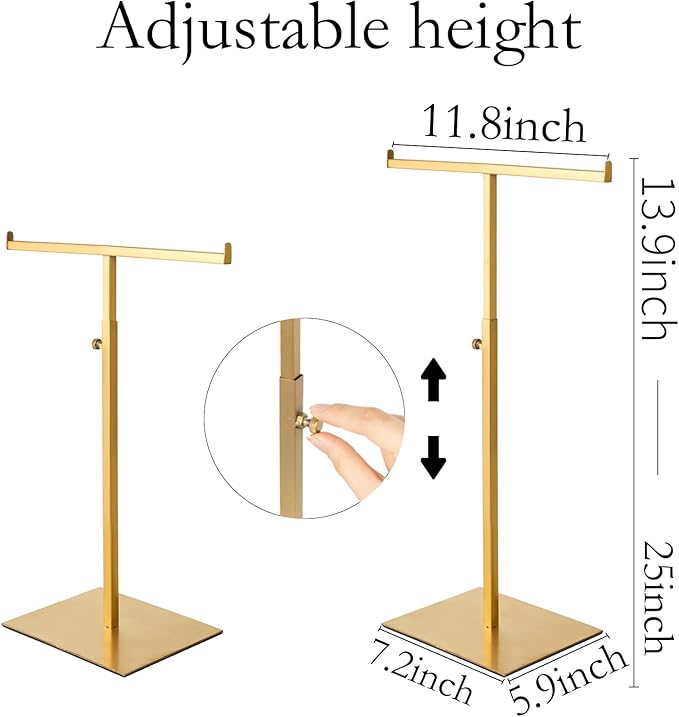 Purse Display Stand Set of 2 Jewelry Tower Stainless Steel Jewelry Handbags Stand Tabletop for Necklaces Purse Hanger Stands Adjustable Height Organizer Home Store Boutique, Gold