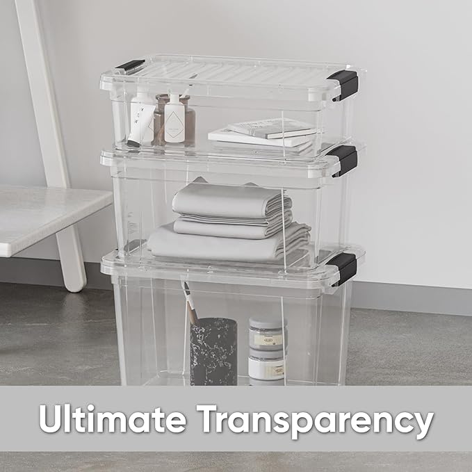 Superio Clear Storage Boxes with Lids, 26 Quart Plastic Container Bins for Organizing, Stackable Crates, BPA Free, Non Toxic, Odor Free, Organizers for Home, Office and Dorm, 6 Pack