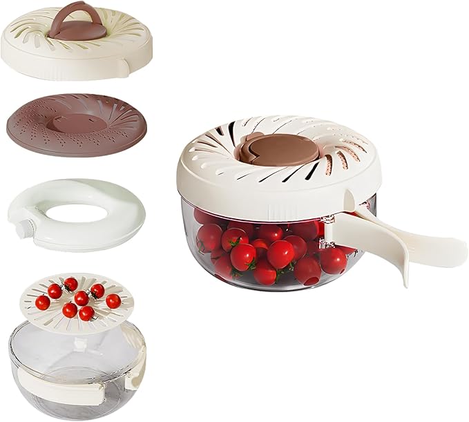 2025 New Upgrade Fruit Washing Bowl with Strainer,3 in 1 Multipurpose Drain Basket with Lid & Ice Box,Foldable Handle Fruit Strainer,1QT(1L)Fruit Washer Perfect for Fridge Storage and Outdoor Picnics