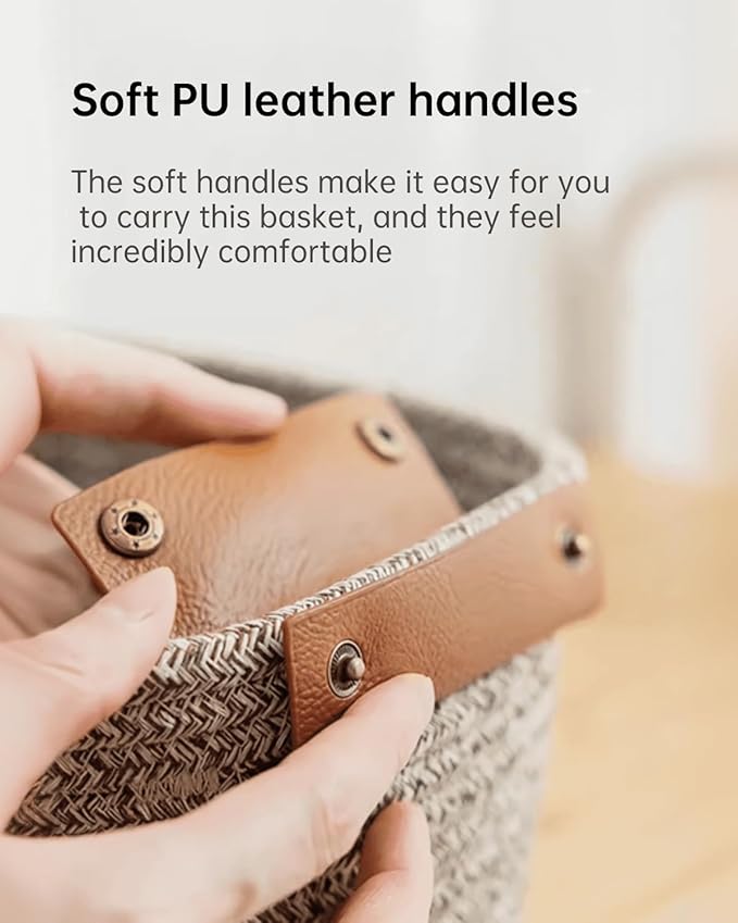 Small Cotton Woven Basket with PU Leather Handle, Baby Kids Clothes Toys Candy Gifts Cotton Rope Organizer, Living Room Bathroom Shower Storage Laundry Basket, Dog Cat Bed, Cute Decor, Black