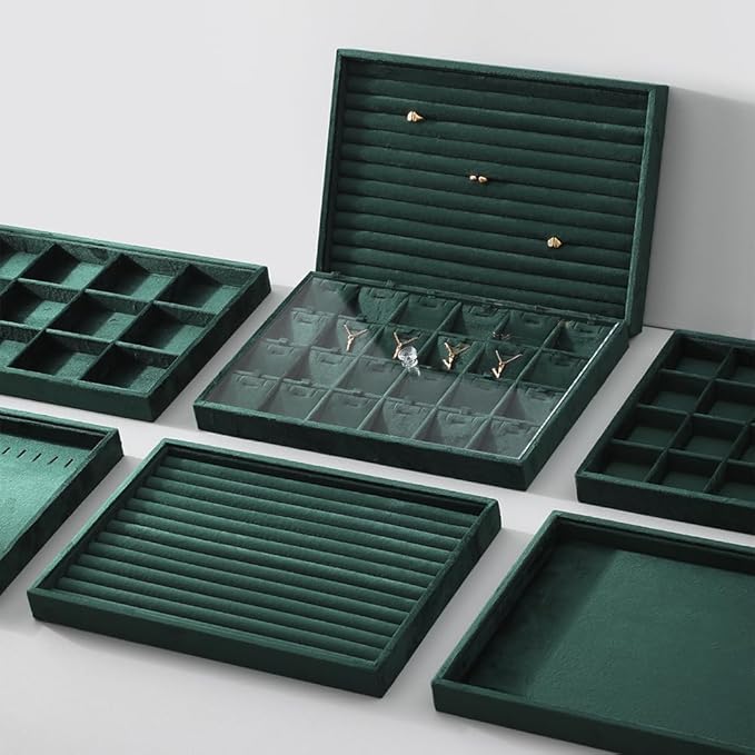 Velvet Ring Display Tray, Stackable Muilt Slot Rings Ear Stud Storage Tray, Drawer Insert Jewelry Accessories Organizers Plate (Green)