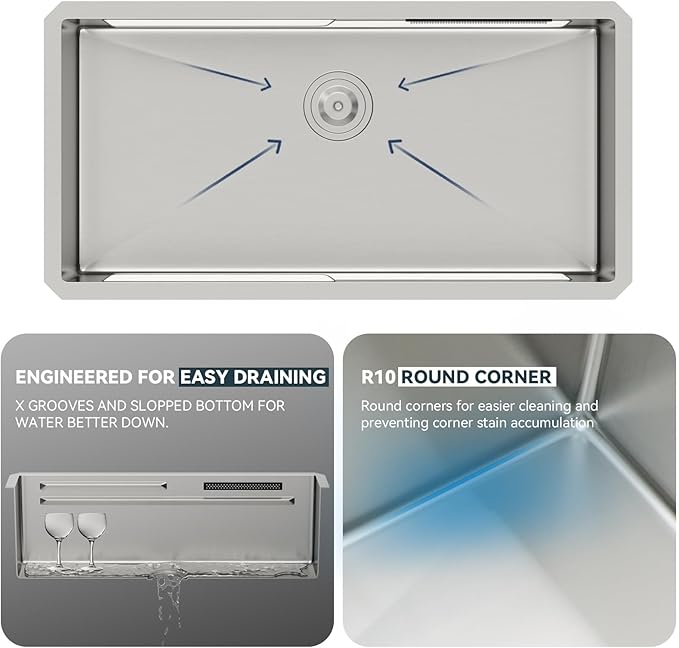 Lordear 33" Undermount Waterfall kitchen Sink - Undermount Kitchen Sink Stainless Steel16 Gauge Single Bowl Ledge Workstation Handmade Under Counter Smart Kitchen Sink 33 Inch