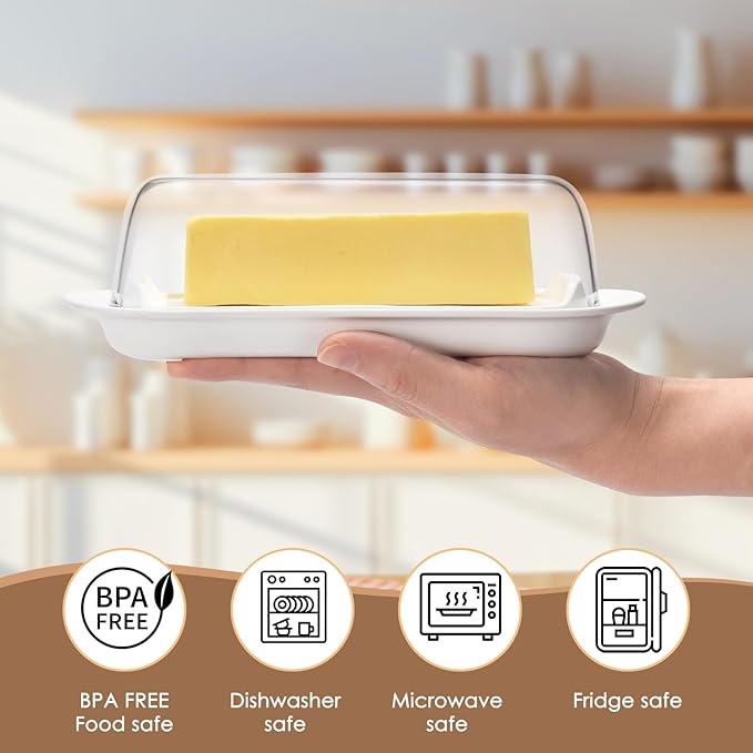 Butter Dish with Clear Lid, Butter Keeper, Easy Scoop,Butter Container Holds for East/West Coast Butter, Dishwasher Safe(White)