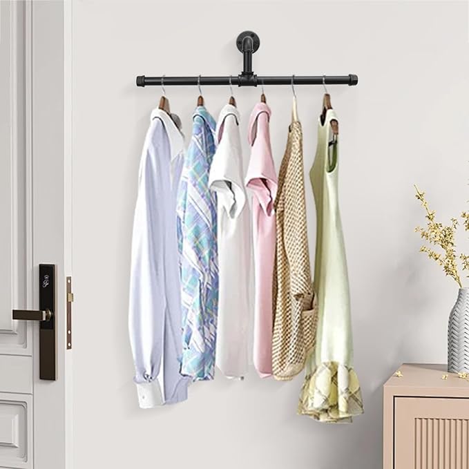 Industrial Pipe Clothes Rack Floating DIY Wall Mounted, Heavy Duty Rustic Vintage Clothing Rod, Metal Garment Bar Space-Saving Hanging for Bedroom, Bathroom and Laundry Room (Black 20 inch)
