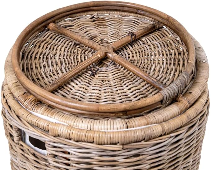 The Basket Lady Round Kubu Wicker Laundry Hamper, Extra Large, 23 in Dia x 28 in H, Serene Grey…