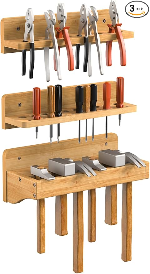 Wall Mounted Screwdriver Organizer, Hammer Rack and Pliers Holder, Set of 3 Wall Hanging Tools Storage Shelf for Workshop Garage