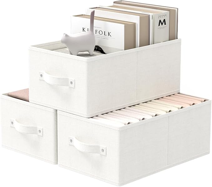 Storage Bins, 3 Pack Foldable Cloth Basket, Cube Organizer with 2 Handles, Suitable for bedrooms, living rooms, wardrobes, and workspaces, White & Ivory, 13 x 9.1 x 5.5 In, XSNY11WS-3