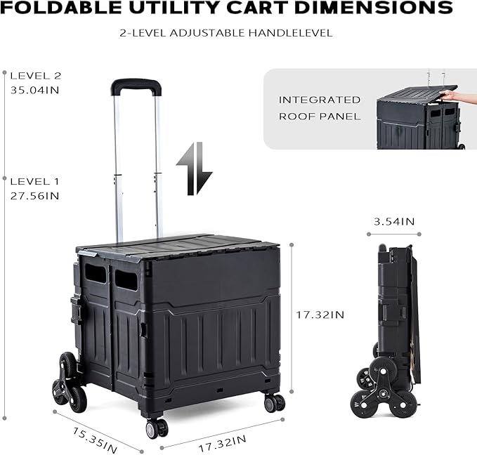 Utility Cart Teacher Cart with Stair Climbing Wheels Foldable Shopping Cart, with Telescopic Handle, Ideal for Outdoor Home Use and Teacher/Student Book Storage. (Black, Large)