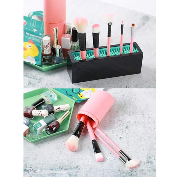 Makeup Brushes Holder Organizer, Silicone Vanity Air Drying Rack Display Storage for Brush, Eyeliners and More, Practical Cosmetic Tools Container (Blue-White)