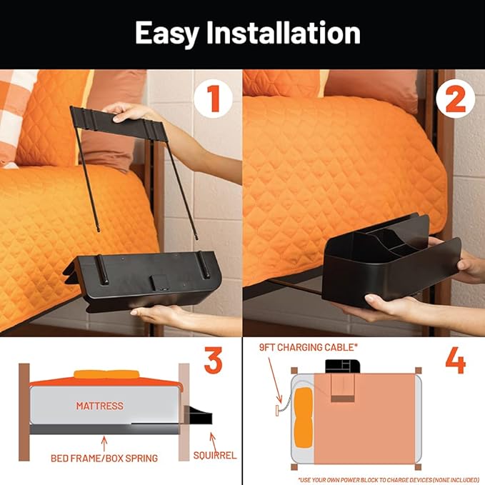 Squirrel-Bedside Perch for College Dorm Room Lofted Bed, Floating Organizer with USB-C & A Charging Ports, Small Spaces, Bed Side Caddy & Nightstand, Device & Cup Holder, Dorm Essential, Red