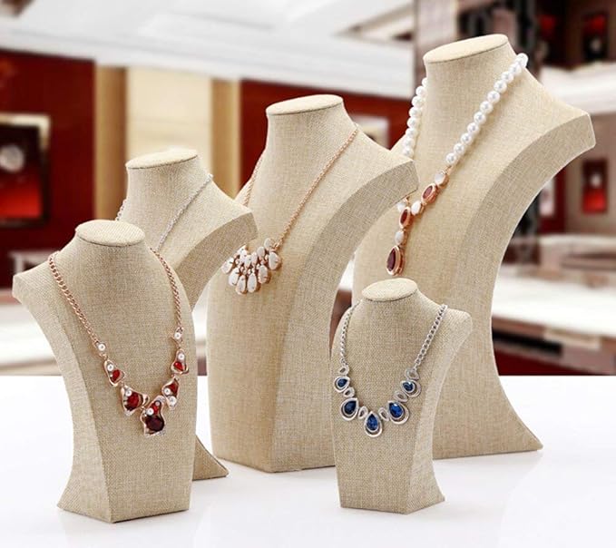 Beige Linen Necklace Display Bust - 13.7" Jewelry Holder for Necklaces, Bracelets, Figure Display Stand (35x20cm)