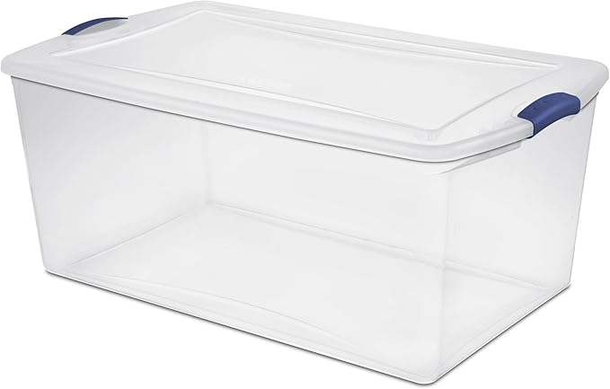 2-Pack 105 Quart Heavy Duty Plastic Storage Bins, Stackable Containers with Clear Lids & Blue Latches for Bedding, Clothing, Holiday Decor - Ideal for Garage & Closet