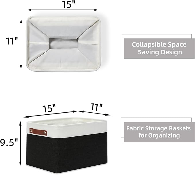 HNZIGE Large Storage Baskets (3 Pack) - Fabric Bins with Leather Handles, Foldable for Organizing Clothes, Toys (Black & White, 15" x 11" x 9.5")