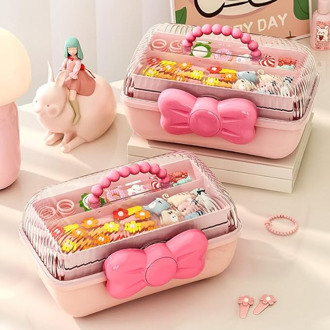 Bow Knot Hair Accessories Organizer Box Cute Dust Proof Childrens Jewelry Storage Box 3 Layers Plastic Storage Box for Hair Clips,Headbands,Hair Bands,Jewelry,Etc