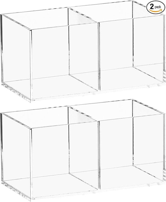 Acrylic Drawer Organizer, Dedoot Clear 2 Compartment 2 Section Makeup Organizer Transparent Plastic Makeup Brush Holder Makeup Jewelry Accessories Storage Acrylic Square Cube Box,5x2.5x2.3 Inch,2 Pack