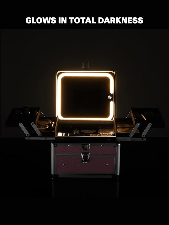 Qislee Makeup Box with Drawer and Four Trays, A Detachable Lighted Mirror, Waterproof Travel Train Case, Cosmetic Organizer and Makeup Suitcase with Magnetic LED Mirror(Sparkling Gradient Pink)