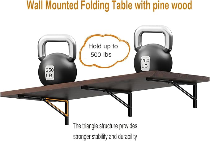 IAE Wall Mounted Folding Table with Pine Wood,60" x 16" Floating Wall Desk,Laundry Folding Table with Shelf Brackets,Fold Down Desk Shelf,Folding Workbench for Home,Dining,Laundry Room,Kitchen,Brown