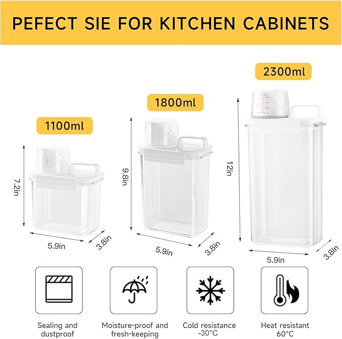 Storage Cereal Organizers Containers Sets,Food Grade BPA free PET Material Reusable，Airtight food storage containers with lids， kitchen organizers and storage Total(2 pcs 2300ml 2 pcs 1100ml)