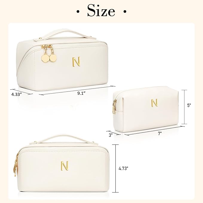 Birthday Gifts for Women Teen Girl, Personalized Initial Makeup Organizer Bag Set, Open Flat Travel Cosmetic Bag With Clear Divider and Handle(Beige,N)