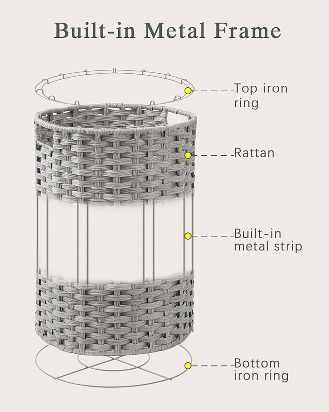 34.3 Gal (130 L) Large Laundry Hamper Laundry Basket Round Handwoven Wicker Laundry Baskets Rattan Laundry Basket with Removable Bag Handles 2 Mesh Bags for Living Room Bedroom Gray
