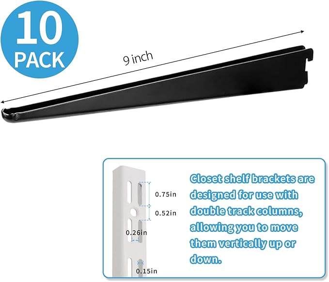 10 Pack 9‑Inch Adjustable Wire Shelf Brackets – Heavy‑Duty Double‑Track Closet & Wall Shelving System Supports（Black）