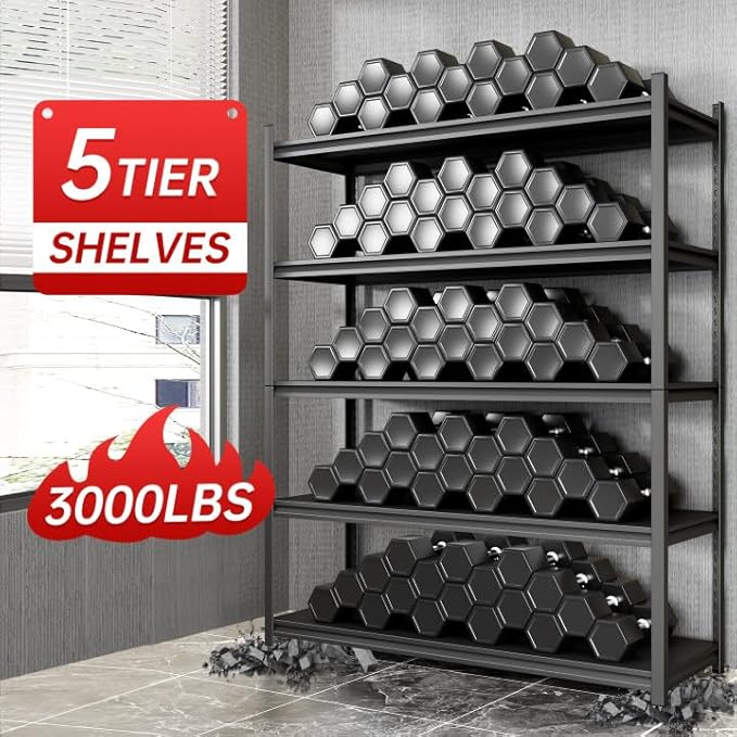Metal Garage Shelving, Adjustable 5-Tier Heavy Duty Shelving, 3000 LBS Garage Shelving Unit and Storage，Heavy Duty Shelves for Basement,Warehouse，Kitchen (19.7" D*59.1" W*72" H)