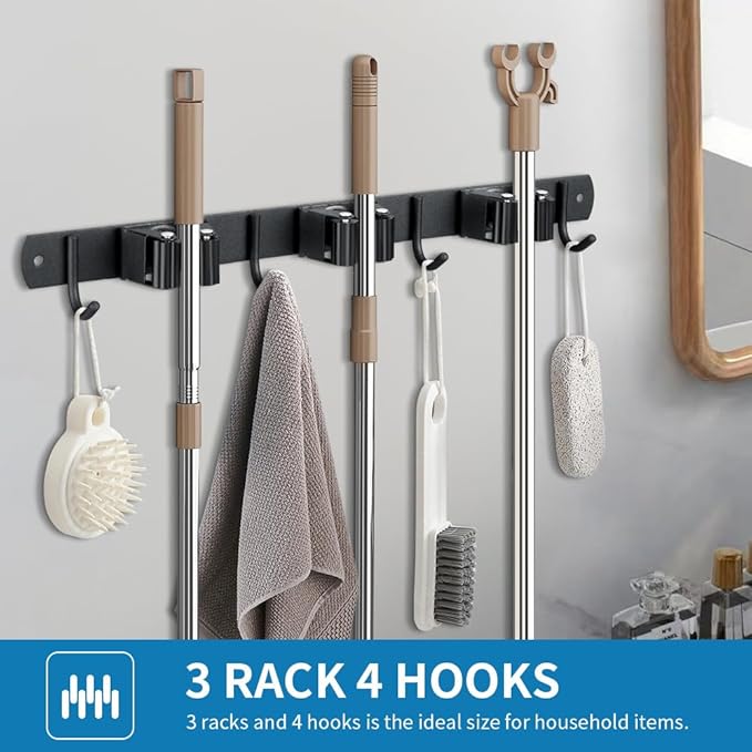2 Pack Broom Hanger and Mop Holder, Heavy Duty Garden Tool Organizer Rack Rake and Shovel Handle, Stainless Steel Wall Mounted Utility Rack with Screws (4 Racks with 5 Hooks, Matte Black).