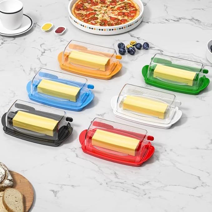 Butter Dishes with Lid for Countertop Refrigerator, Plastic Butter Dish Clear Flip Top Lid Butter Container with Spreader, Non-Slip Bottom Butter Holder Keeper (Transparent Cover Black)