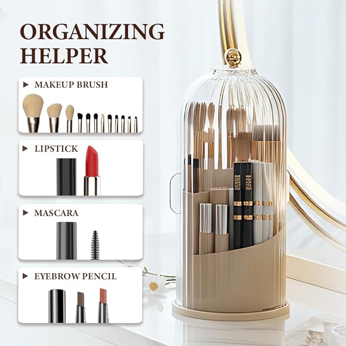 Covered 360° Rotating Makeup Brush Holder, Makeup Organizers with Lid, Clear Cover Brush Holder with Transparent Door Lid for Desktop, No Dust Toothbrush Holders for Vanity and Bath (Clear black)