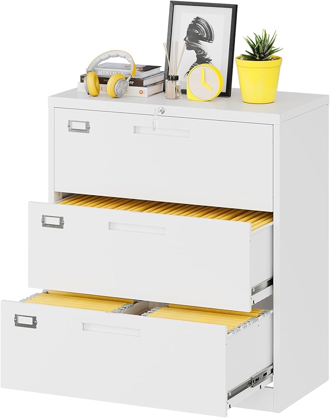 Lateral File Cabinet with Lock, 3 Drawer Large Metal Filing Cabinet,Home Office Lockable Storage Cabinet for Hanging Files Letter/Legal/F4/A4 Size-Assembly Required
