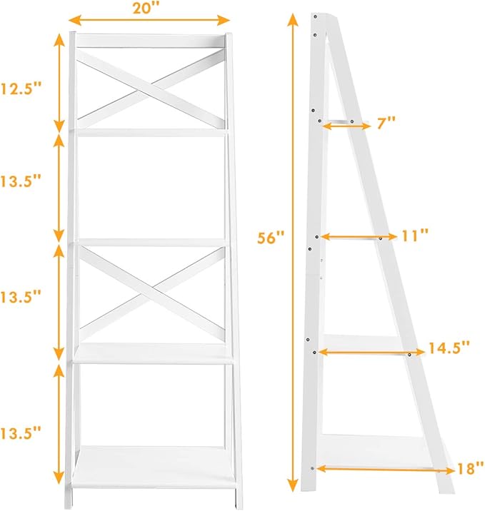 Tangkula 4-Tier Ladder Shelf Bookcase Leaning Free Standing Wooden Frame Decor Bookshelf Storage Flower Shelf Plant Display Shelf for Home Office (White, 2)