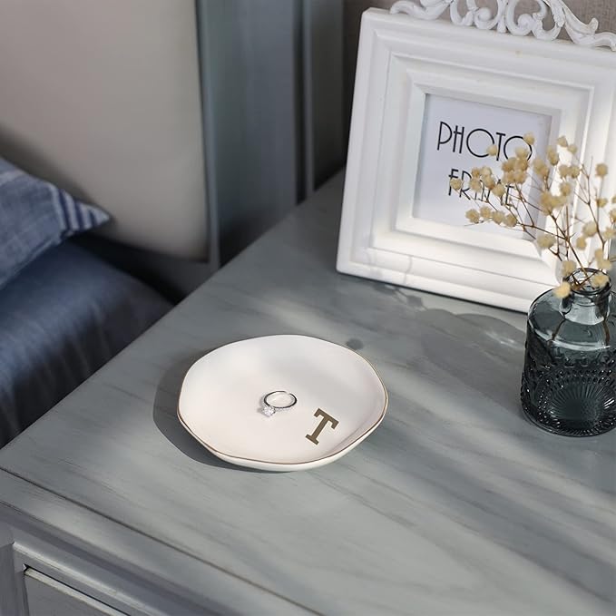Initials Ring Dish Jewery Tray with Personalized T-Monogrammed Gifts Wedding Engagement for Women Friends Sister Teacher,Ceramic White