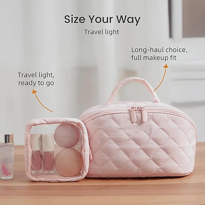 2026 New Travel Makeup Bag,Festivalment Wide Open Lay-Flat Water-Resistant Cosmetic Case,Puffy Padded Organizer for Toiletries & Brushes Large Capacity with Compartments (White)