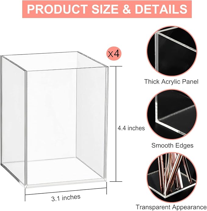 4-Piece Clear Acrylic Pen Holder & Pencil Cup - Makeup Brush Holder - Desktop Stationery Organizer for Office, School, Home - 4 Pack, Square