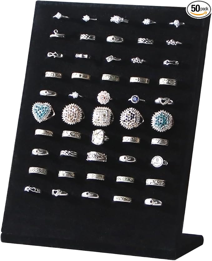 50 Slots Rings Display Stand, Ring Organizer Holder Stand for Selling, Ring Earring Jewelry Pad Showcase Storage Tray for Home or Shop Sell Show (Black 1PC)