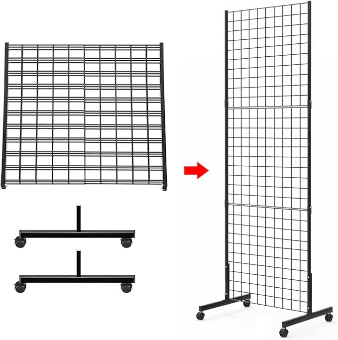 Eastern Tree 2 Packs 2'x 5' Six Pieces Gridwall Panels Stand with T-Base, Black Wire Grid Wall Display Racks with Wheels, Craft Show Display Rack, Retail Display, Extra More 16 Pieces Hooks