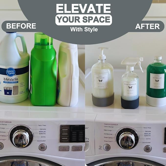 Glass Laundry Dispenser Set w/Silicone Base, 2x 34 oz & 1x 17 oz Pump Dispensers for Liquid Detergent/Stain Remover
