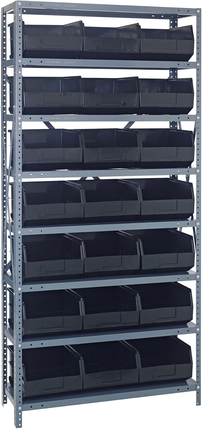 Quantum 1275-425BK Heavy Duty Shelving Unit with (8) Shelves and (21) SSB425 Black Bins for Garage Warehouse Storage Distribution | 400 lb Load Capacity | 12"D x 36"L x 75"H, Galvanized Carbon Steel